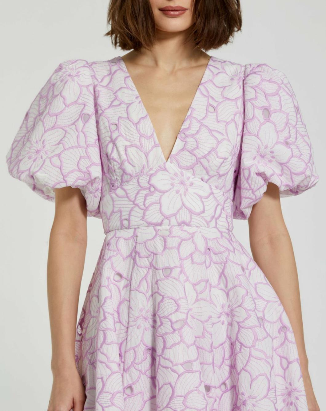 Daytime Dresses | Women Mac Duggal Embroidered Floral Puff Sleeve Dress Orchid White