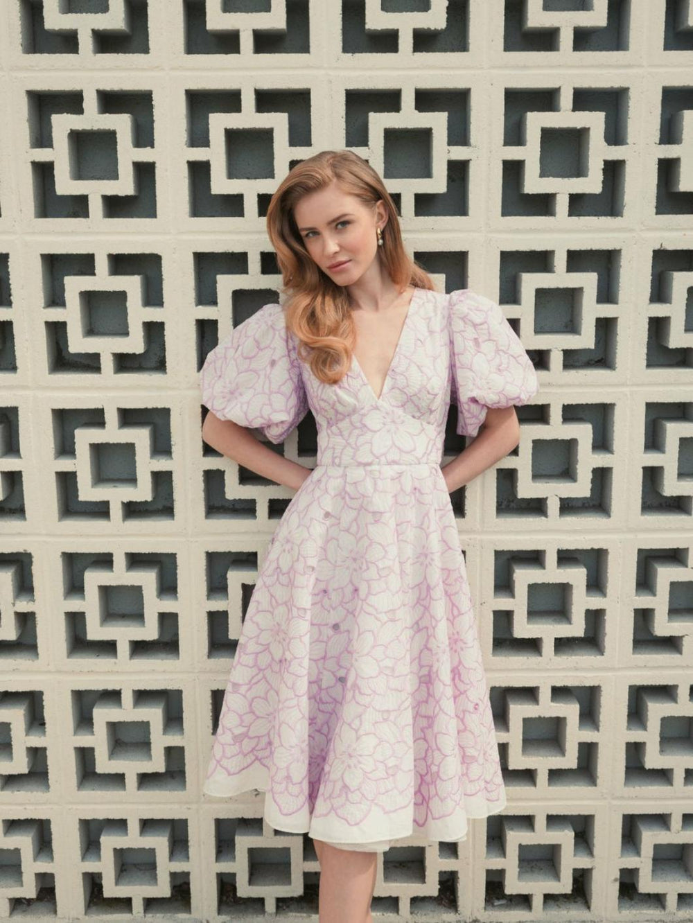 Daytime Dresses | Women Mac Duggal Embroidered Floral Puff Sleeve Dress Orchid White