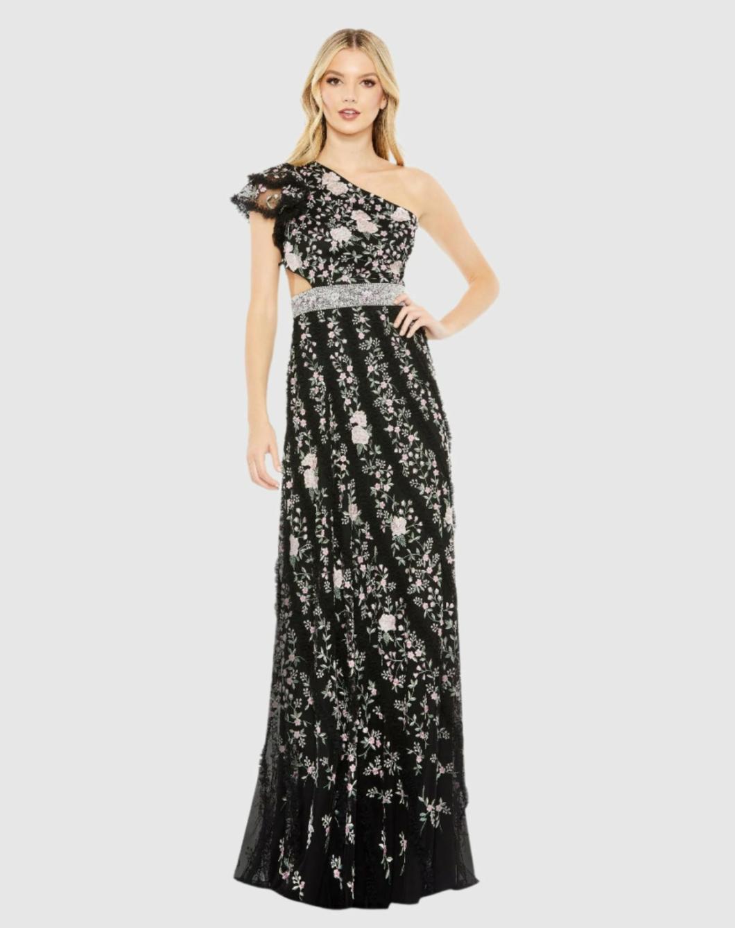 Daytime Dresses | Women Mac Duggal Embroidered Ruffled One Shoulder Lace Up Gown Black Multi