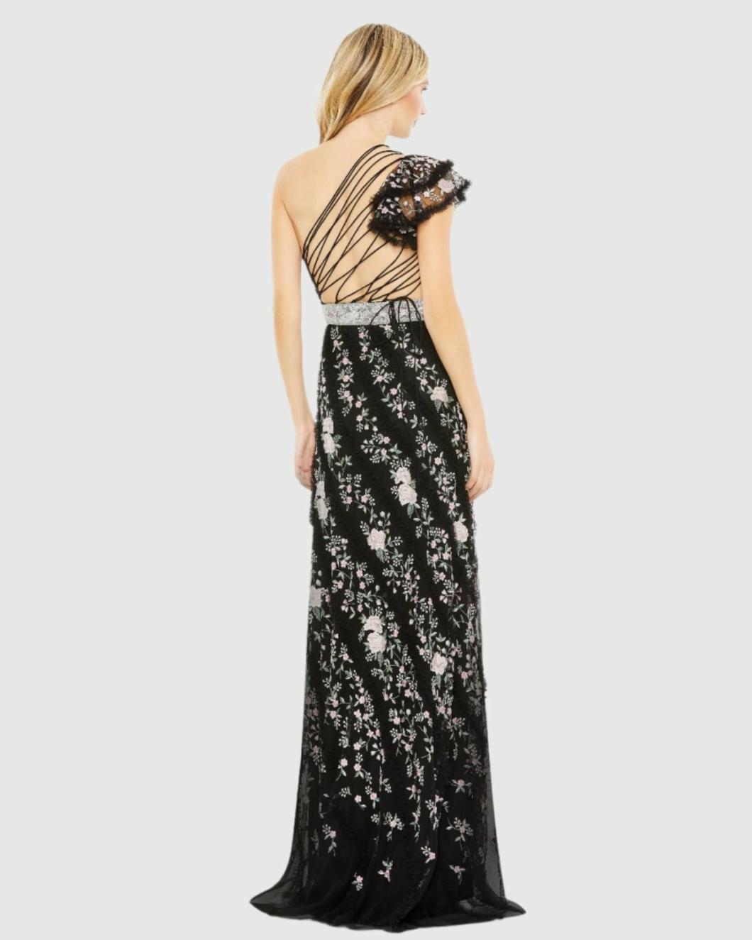 Daytime Dresses | Women Mac Duggal Embroidered Ruffled One Shoulder Lace Up Gown Black Multi