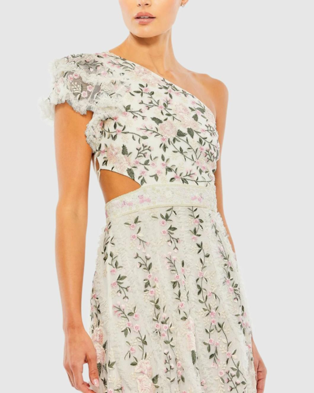 Daytime Dresses | Women Mac Duggal Embroidered Ruffled One Shoulder Lace Up Gown Black Multi