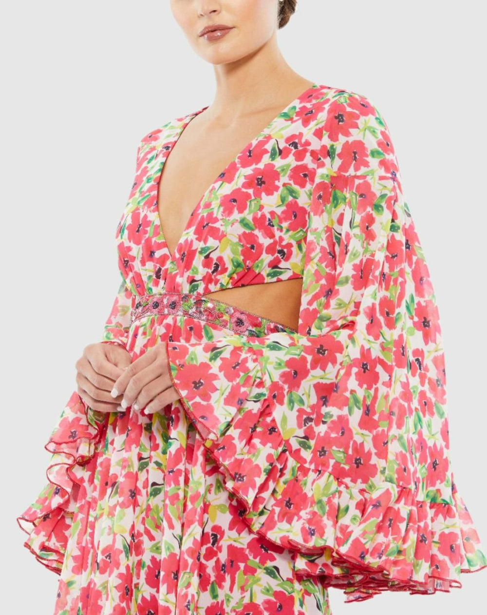 Daytime Dresses | Women Mac Duggal Floral Cut Out V Neck Bell Sleeve Mini Dress Pink Multi