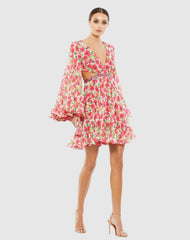 Daytime Dresses | Women Mac Duggal Floral Cut Out V Neck Bell Sleeve Mini Dress Pink Multi