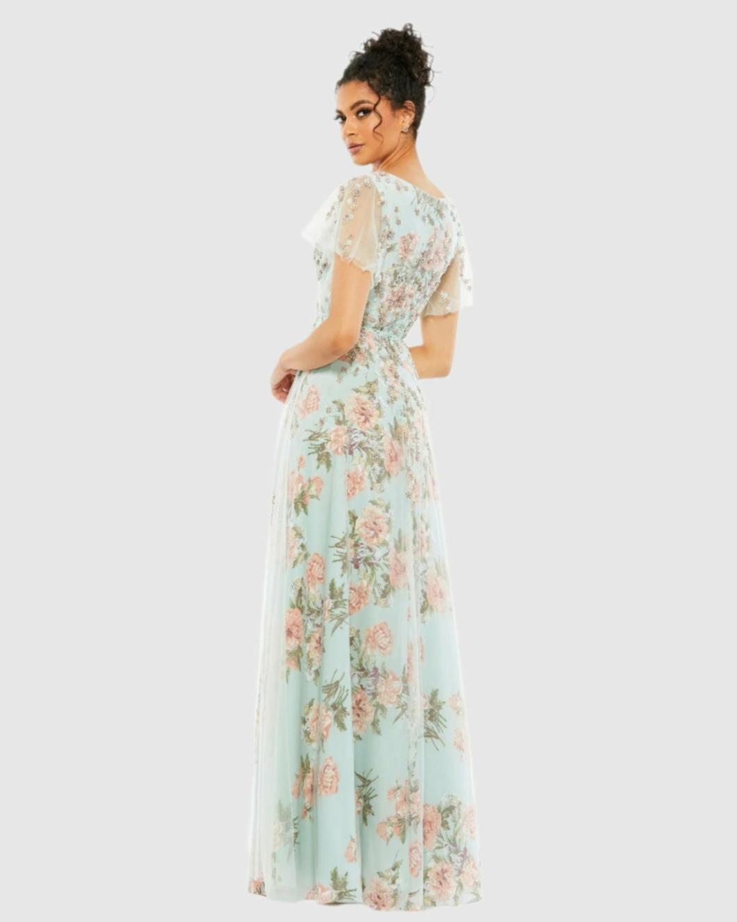 Daytime Dresses | Women Mac Duggal Floral Flutter Sleeve V-Neck Maxi Dress Blue Multi