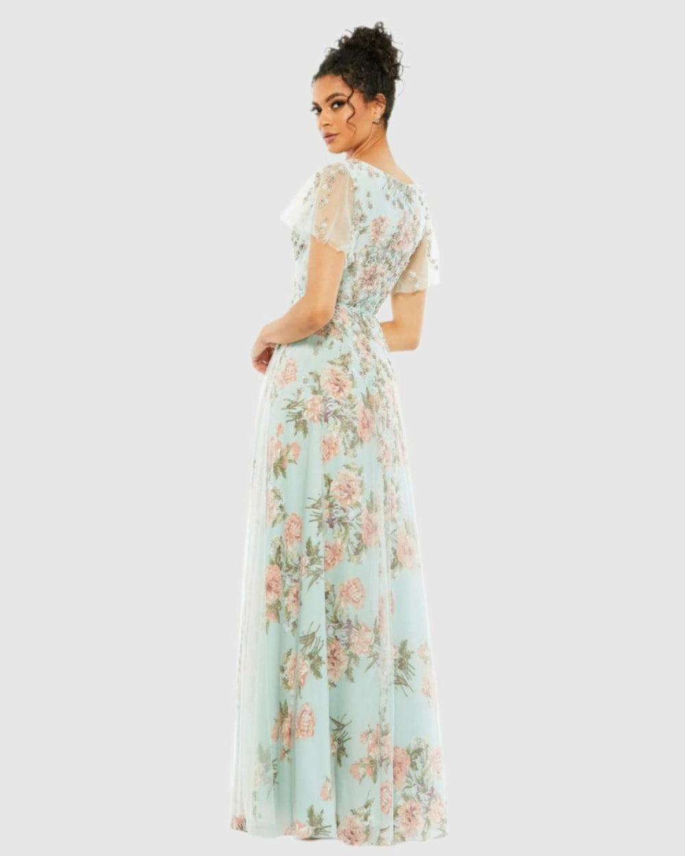 Daytime Dresses | Women Mac Duggal Floral Flutter Sleeve V-Neck Maxi Dress Blue Multi
