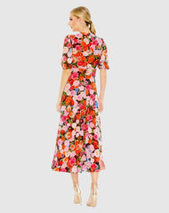 Daytime Dresses | Women Mac Duggal Floral Print Front Tie Puff Sleeve Flowy Midi Dress Rose Multi