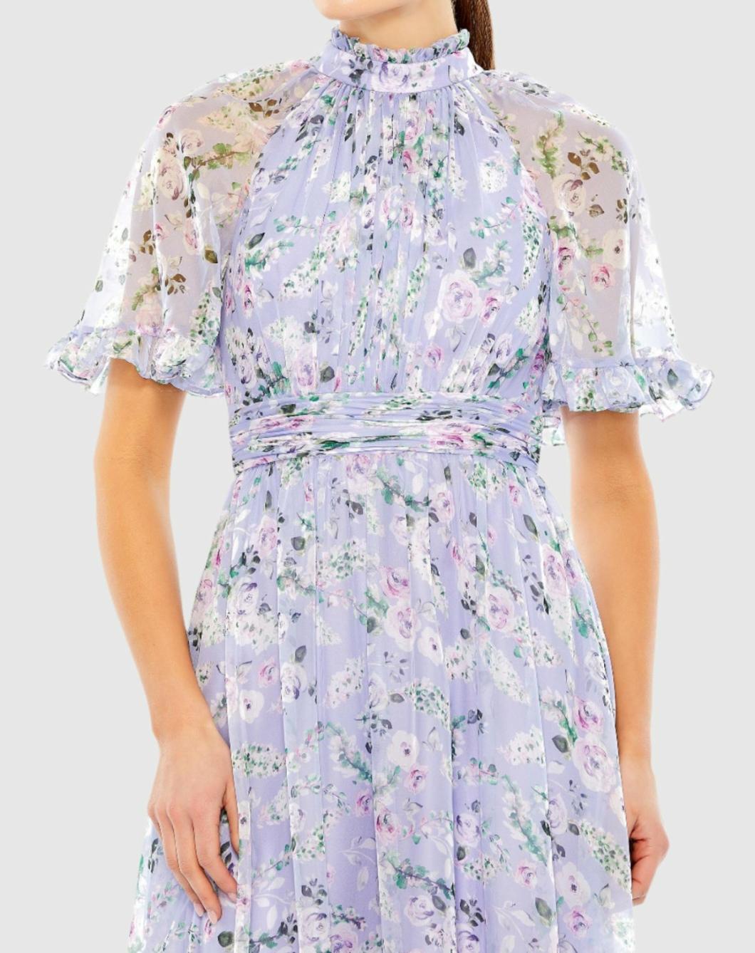 Daytime Dresses | Women Mac Duggal Floral Print High Neck Raglan Sleeve Dress Lilac Multi
