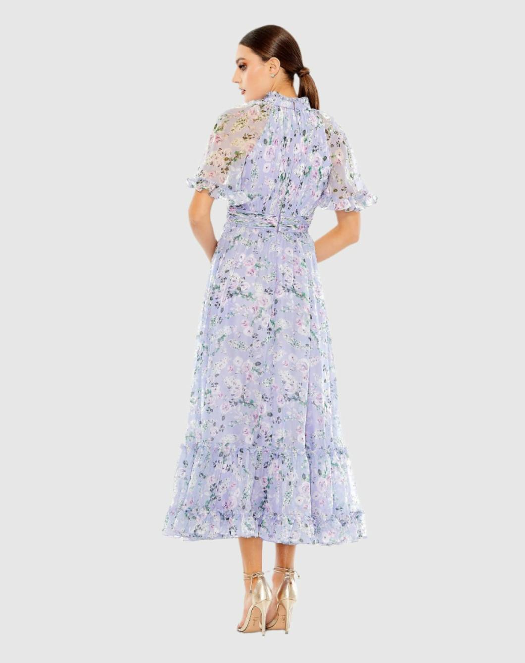 Daytime Dresses | Women Mac Duggal Floral Print High Neck Raglan Sleeve Dress Lilac Multi