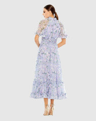 Daytime Dresses | Women Mac Duggal Floral Print High Neck Raglan Sleeve Dress Lilac Multi