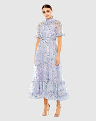 Daytime Dresses | Women Mac Duggal Floral Print High Neck Raglan Sleeve Dress Lilac Multi