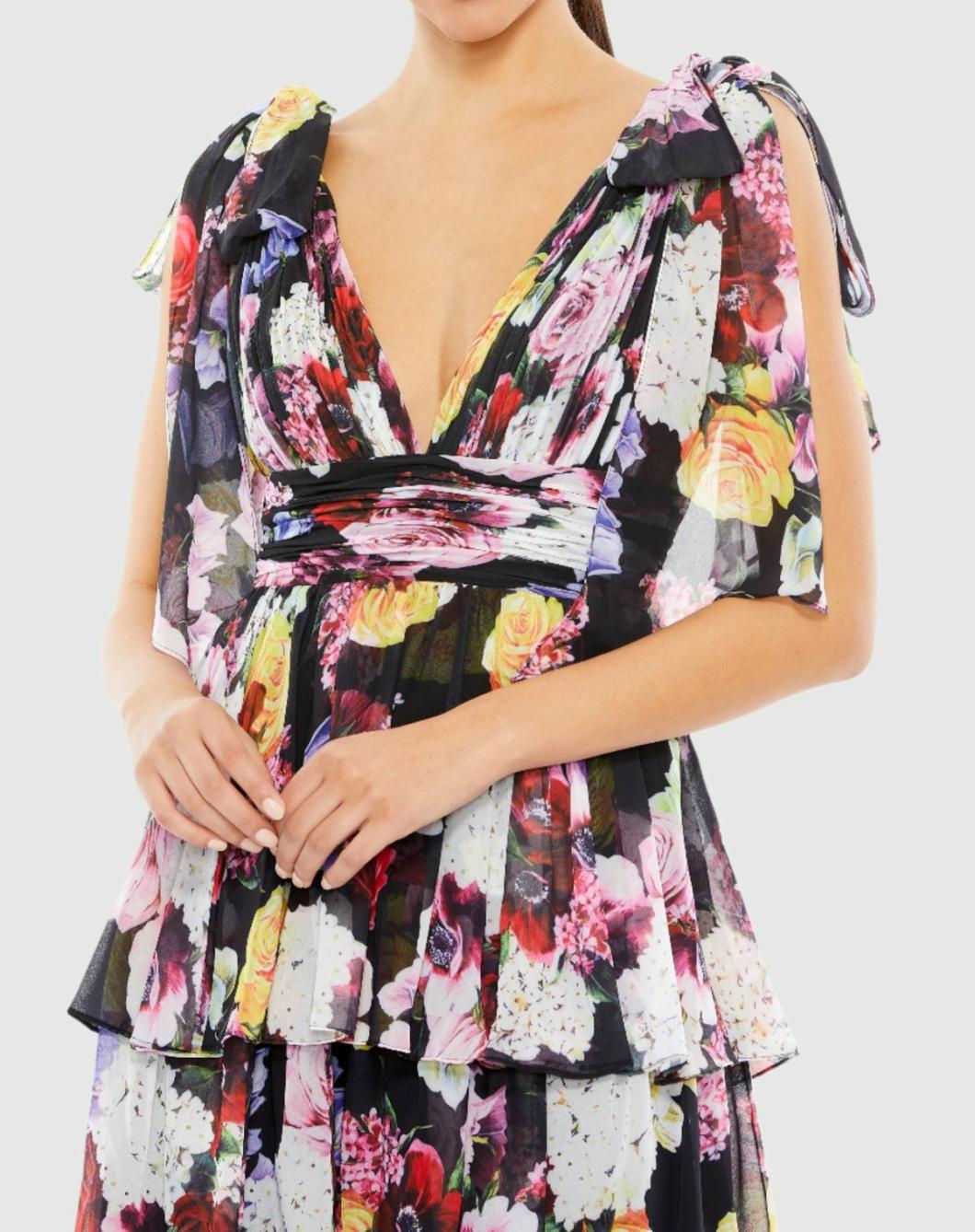 Daytime Dresses | Women Mac Duggal Floral Print Ruffled Sleeveless Soft Tie Dress Multi