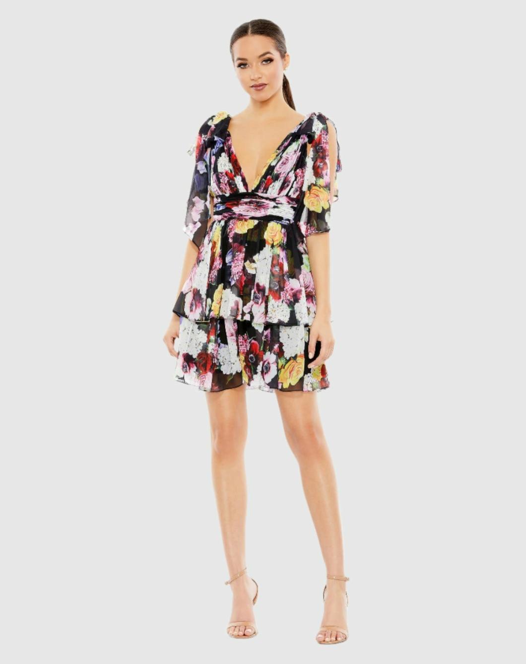 Daytime Dresses | Women Mac Duggal Floral Print Ruffled Sleeveless Soft Tie Dress Multi