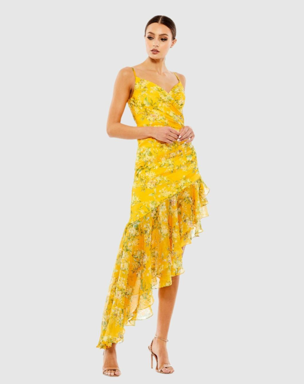 Daytime Dresses | Women Mac Duggal Floral Ruffle Asymmetrical Hi Low Hem Dress Yellow Multi