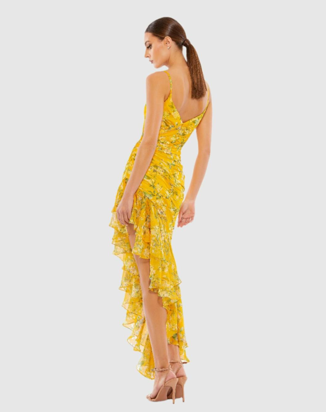 Daytime Dresses | Women Mac Duggal Floral Ruffle Asymmetrical Hi Low Hem Dress Yellow Multi
