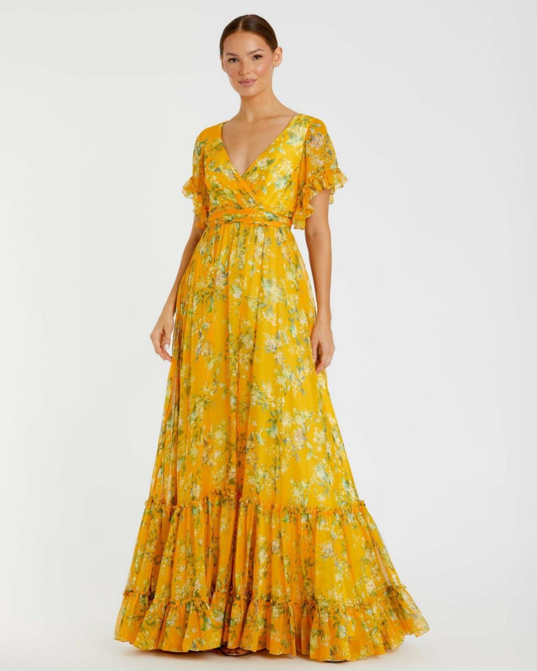 Daytime Dresses | Women Mac Duggal Flounce Sleeve Floral Maxi Dress Yellow Multi