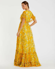 Daytime Dresses | Women Mac Duggal Flounce Sleeve Floral Maxi Dress Yellow Multi