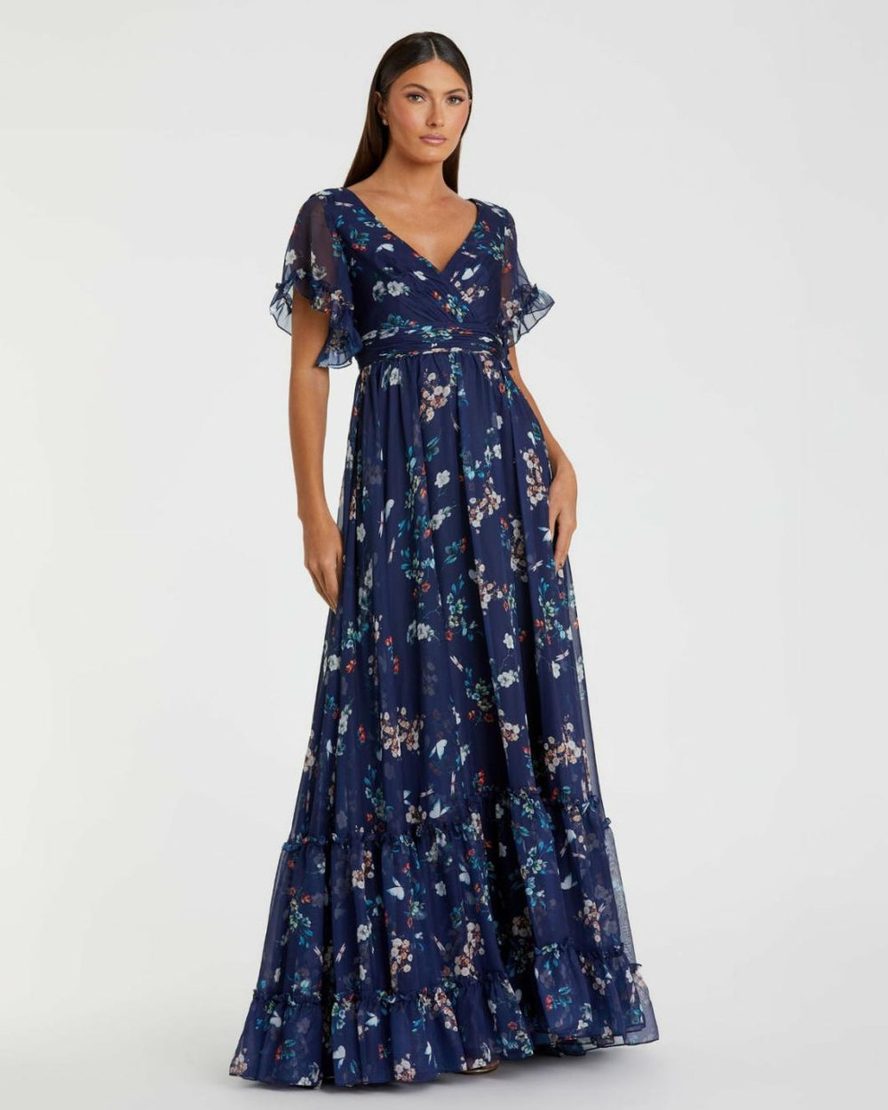 Daytime Dresses | Women Mac Duggal Flounce Sleeve Floral Maxi Dress Yellow Multi
