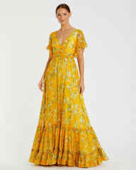 Daytime Dresses | Women Mac Duggal Flounce Sleeve Floral Maxi Dress Yellow Multi