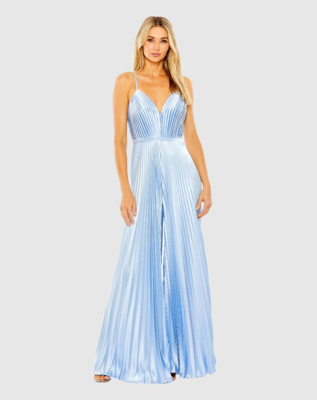 Daytime Dresses | Women Mac Duggal Light Blue Pleated Plunge Neck Wide Leg Jumpsuit Blue