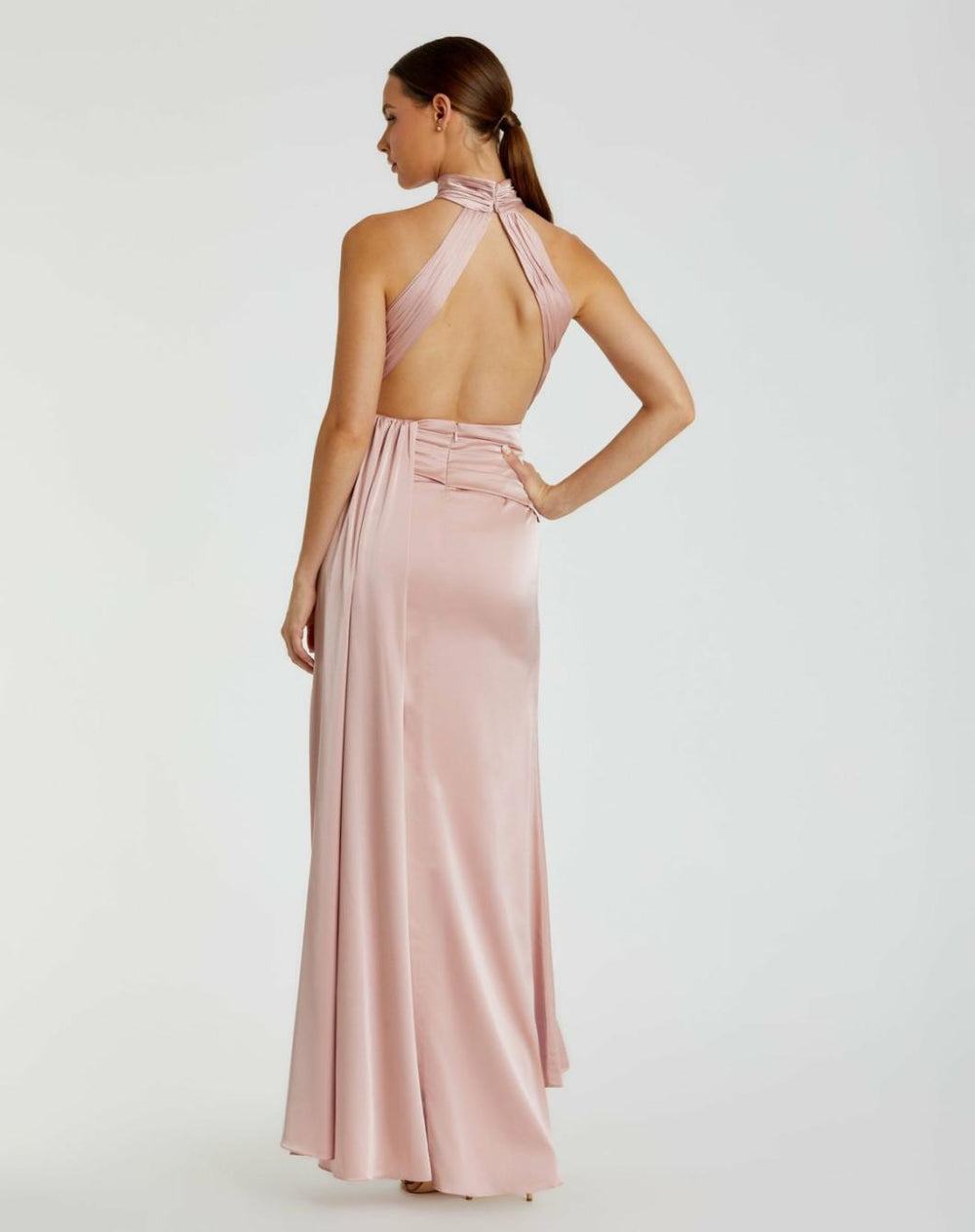 Daytime Dresses | Women Mac Duggal Light Pink Open Back High Neck Side Ruched Gown Shell Pink