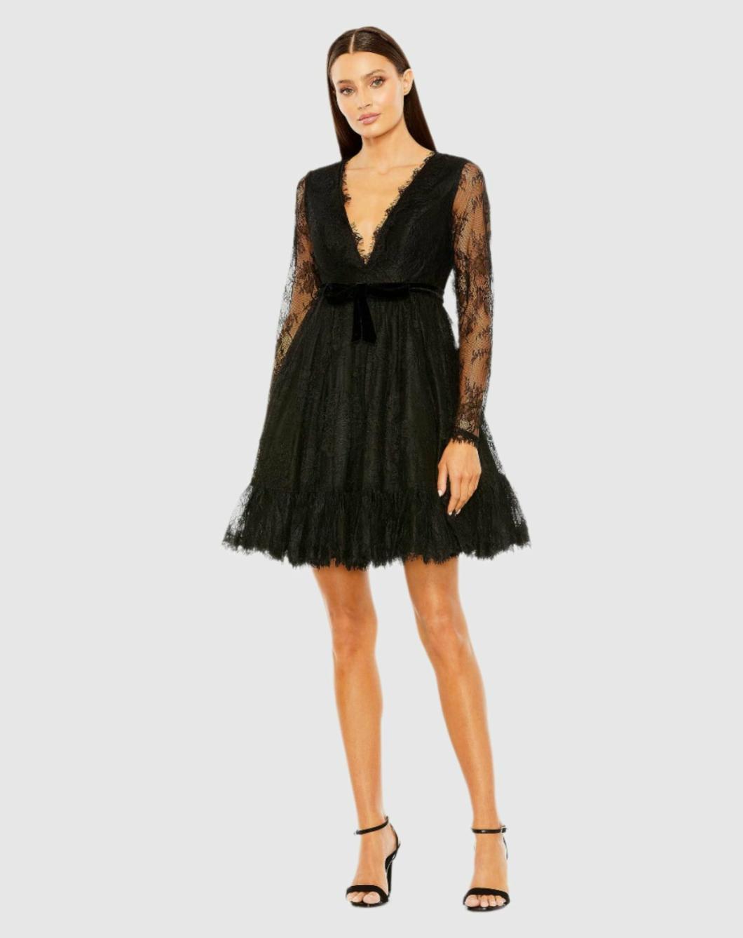 Daytime Dresses | Women Mac Duggal Long Sleeve Deep V Lace Babydoll Dress Black