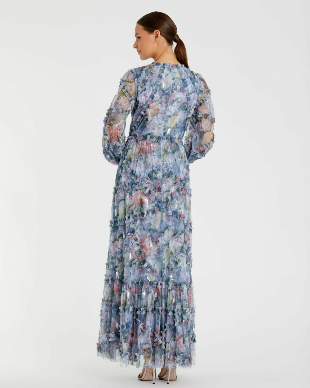 Daytime Dresses | Women Mac Duggal Long Sleeve High Neck Sequin Detail Ruffle Dress Platinum Multi