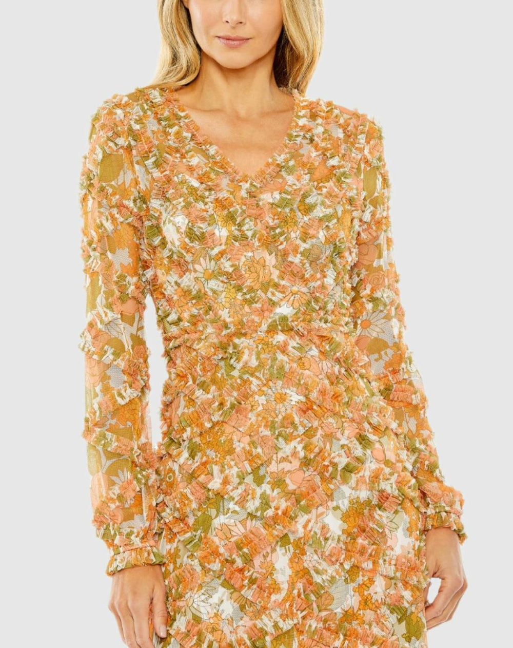 Daytime Dresses | Women Mac Duggal Long Sleeve Low Back Floral V Neck Ruffle Dress Orange Multi