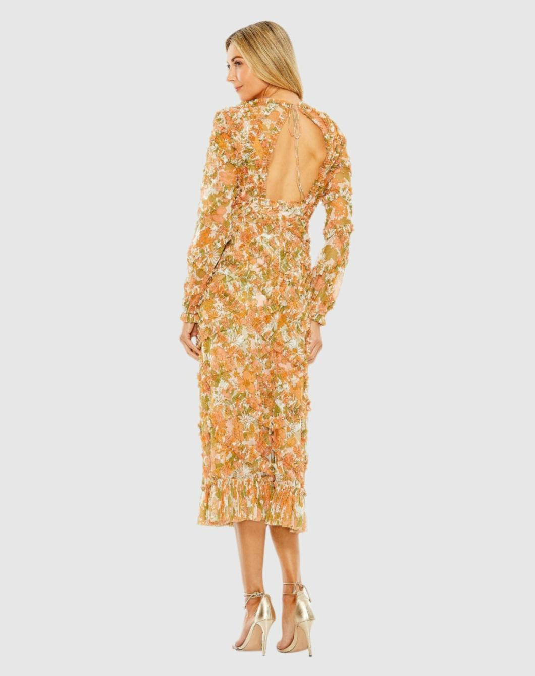 Daytime Dresses | Women Mac Duggal Long Sleeve Low Back Floral V Neck Ruffle Dress Orange Multi