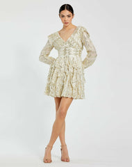 Daytime Dresses | Women Mac Duggal Long Sleeve Ruched Ruffle Mini Dress Gold Multi