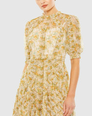 Daytime Dresses | Women Mac Duggal Mesh Puff Sleeve Floral Print Dress Yellow Multi
