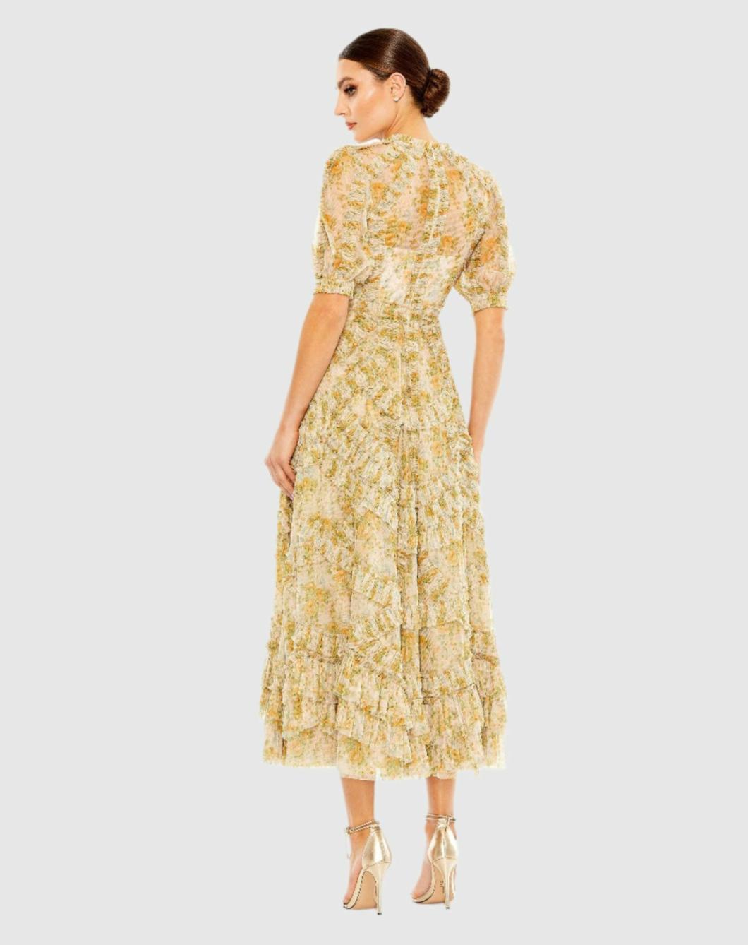 Daytime Dresses | Women Mac Duggal Mesh Puff Sleeve Floral Print Dress Yellow Multi