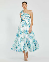 Daytime Dresses | Women Mac Duggal One Shoulder Ruffle Cut-Out Chiffon Midi Dress White Multi
