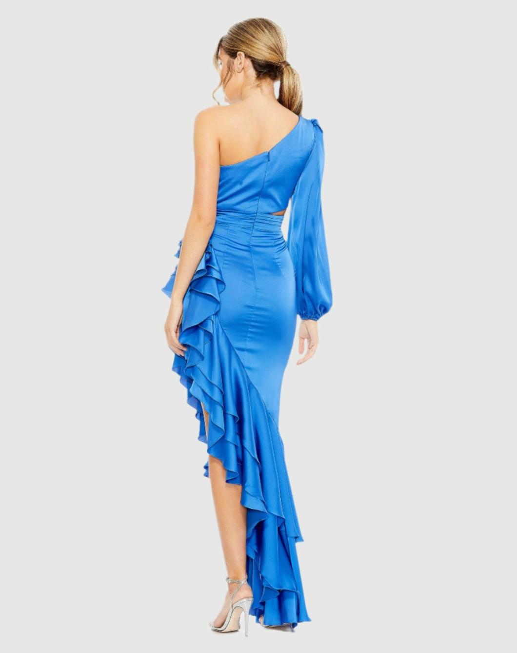 Daytime Dresses | Women Mac Duggal One Sleeve Cut Out Asymmetrical Ruffled Gown Cobalt