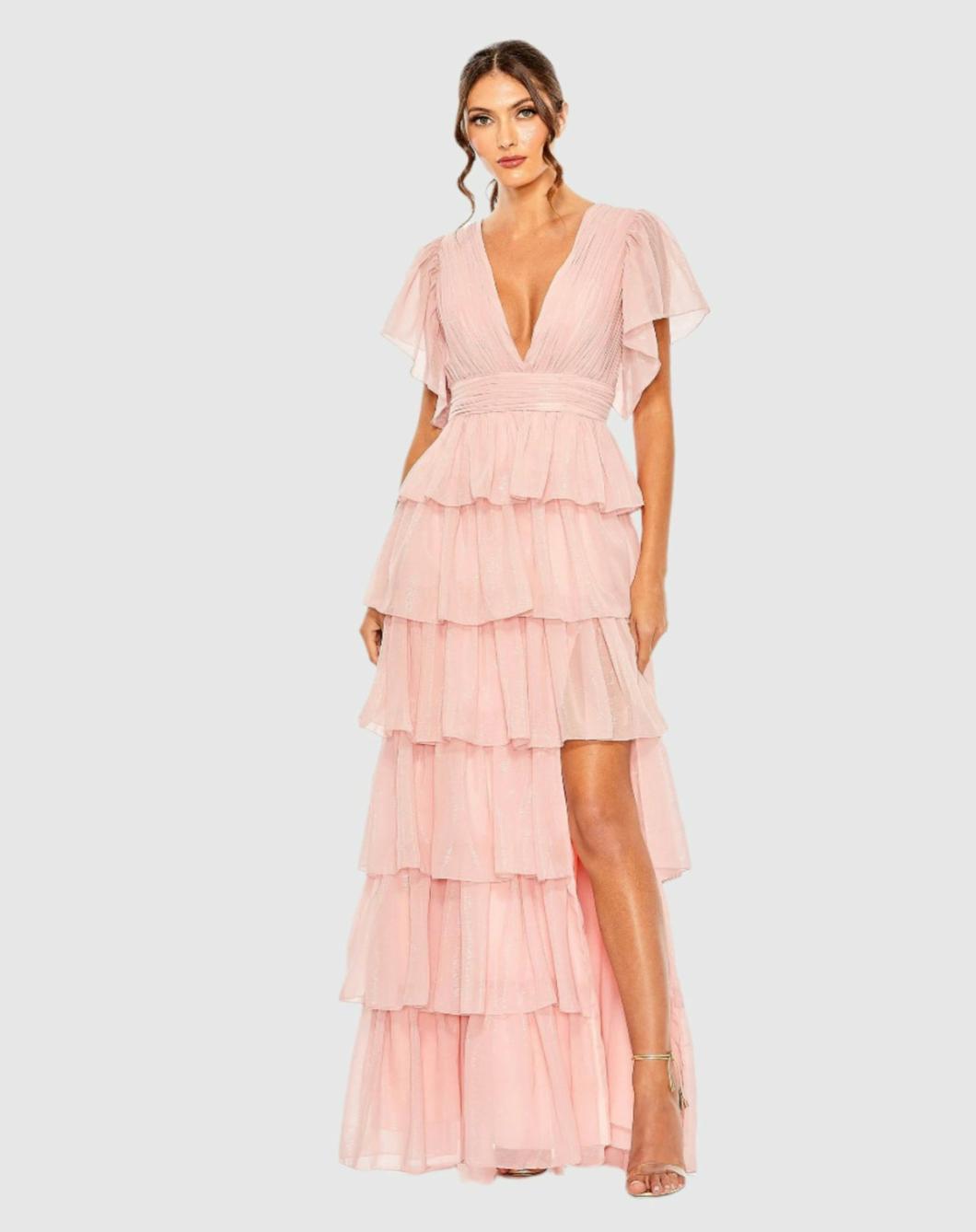 Daytime Dresses | Women Mac Duggal Pink Flutter Sleeve Ruffle Tiered Gown Petal Pink
