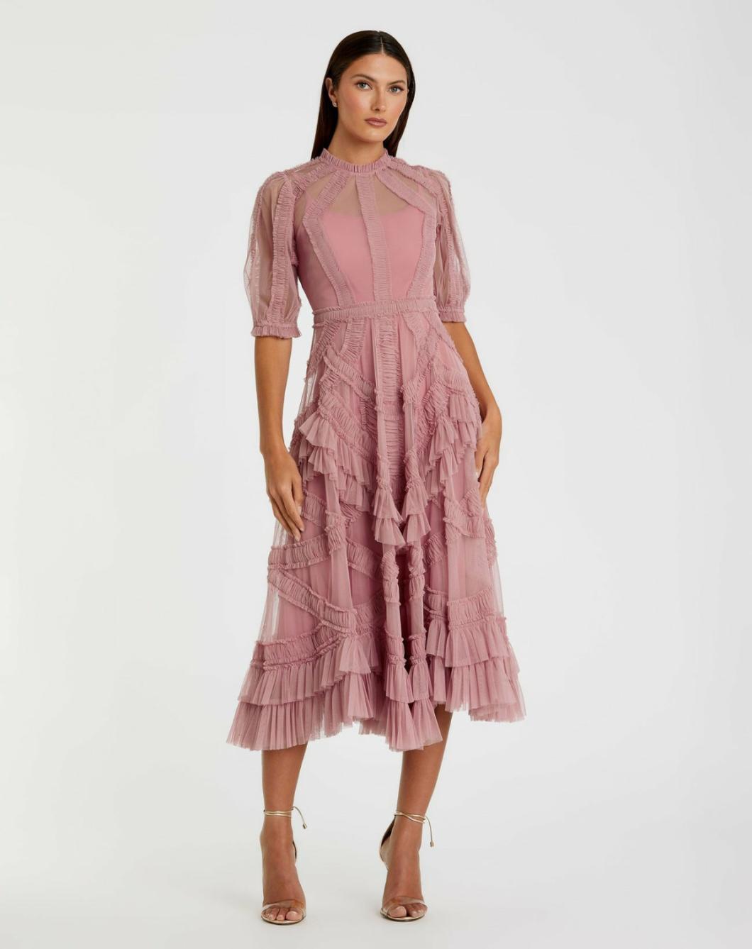 Daytime Dresses | Women Mac Duggal Pink High Neck Micro Ruffle Tiered Midi Dress Antique Rose