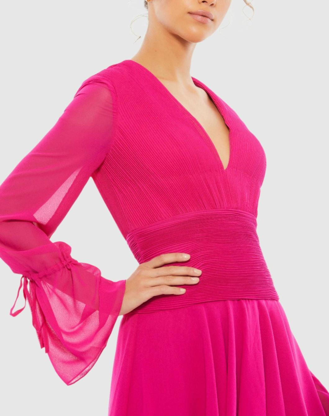 Daytime Dresses | Women Mac Duggal Pink Pleated Bell Sleeve Chiffon Mini Dress - FINAL SALE Hot Pink