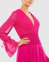 Daytime Dresses | Women Mac Duggal Pink Pleated Bell Sleeve Chiffon Mini Dress - FINAL SALE Hot Pink