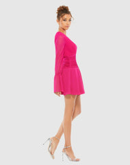 Daytime Dresses | Women Mac Duggal Pink Pleated Bell Sleeve Chiffon Mini Dress - FINAL SALE Hot Pink