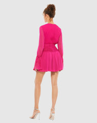 Daytime Dresses | Women Mac Duggal Pink Pleated Bell Sleeve Chiffon Mini Dress - FINAL SALE Hot Pink