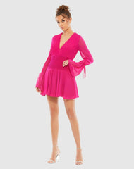 Daytime Dresses | Women Mac Duggal Pink Pleated Bell Sleeve Chiffon Mini Dress - FINAL SALE Hot Pink