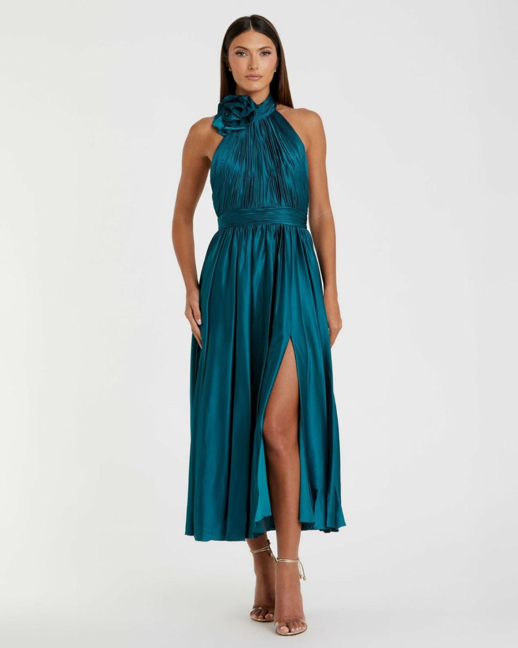 Daytime Dresses | Women Mac Duggal Pleated Charmeuse High Neck Sleeveless Midi Dress Ocean