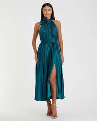 Daytime Dresses | Women Mac Duggal Pleated Charmeuse High Neck Sleeveless Midi Dress Ocean