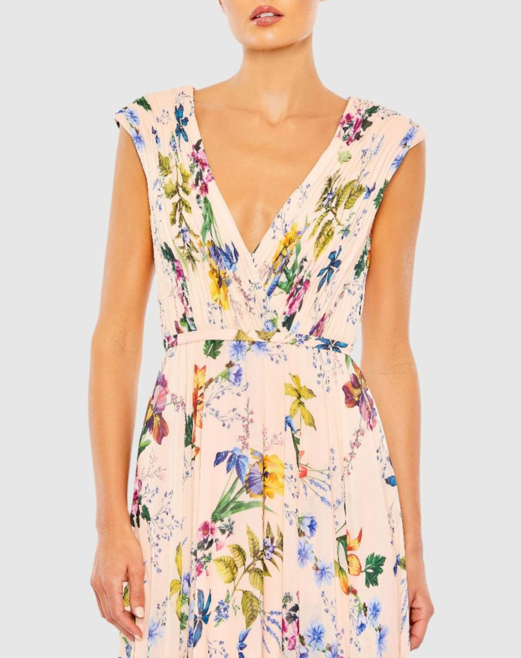 Daytime Dresses | Women Mac Duggal Pleated Floral Cap Sleeve A Line Gown Pink Multi