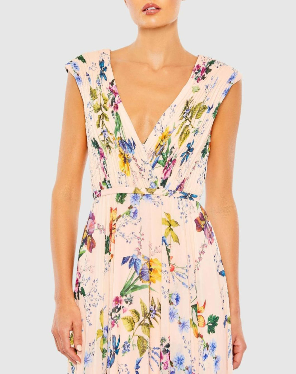 Daytime Dresses | Women Mac Duggal Pleated Floral Cap Sleeve A Line Gown Pink Multi