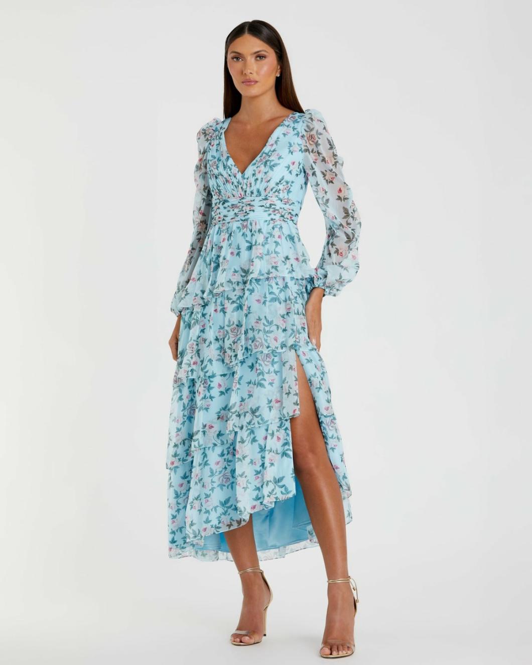 Daytime Dresses | Women Mac Duggal Puff Sleeve Floral Printed Dress Aqua Multi