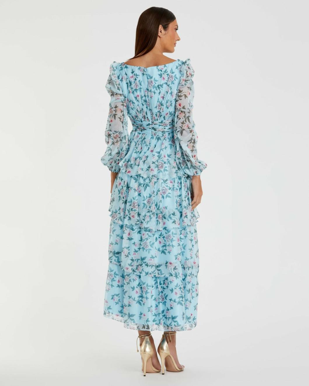 Daytime Dresses | Women Mac Duggal Puff Sleeve Floral Printed Dress Aqua Multi