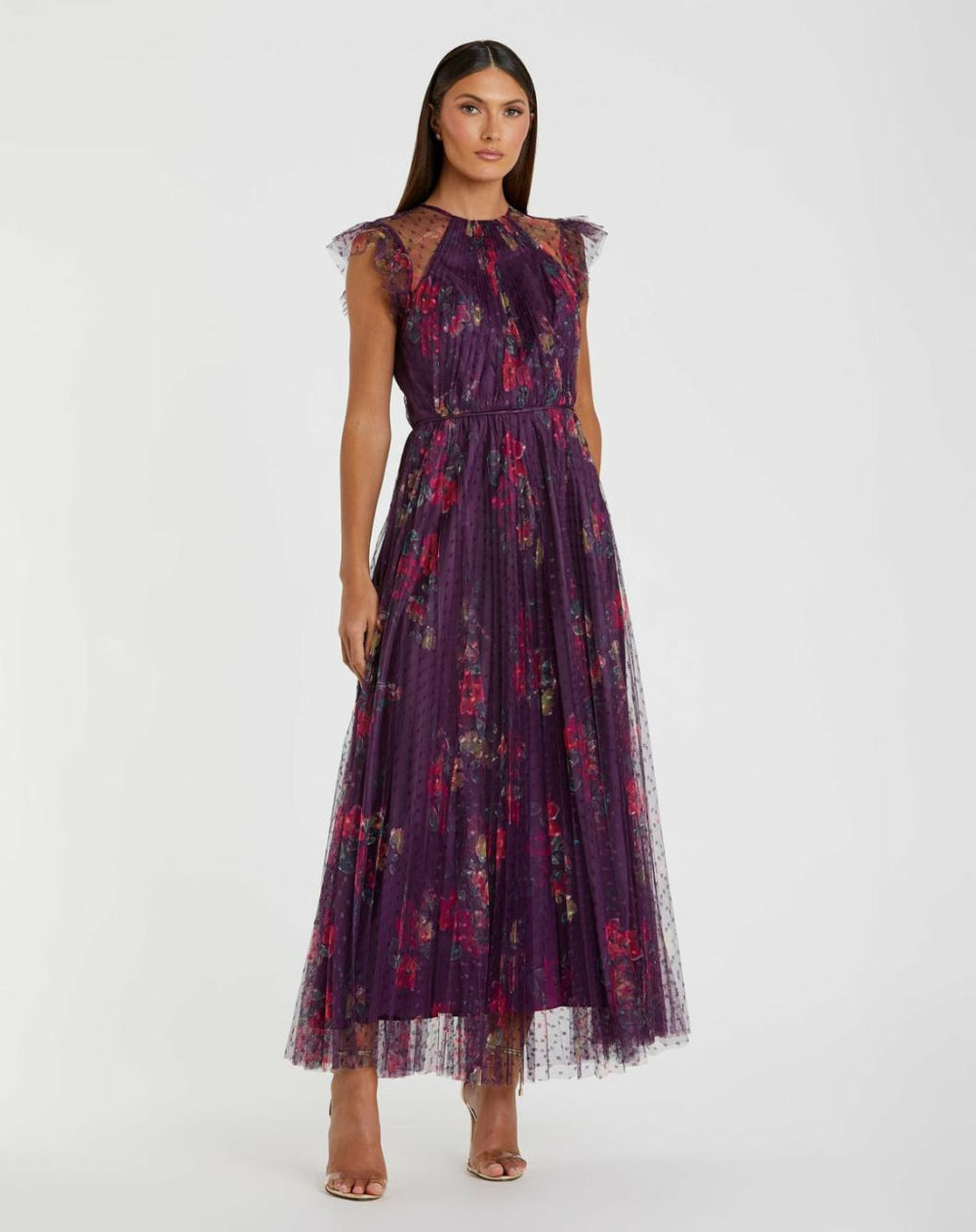 Daytime Dresses | Women Mac Duggal Purple Floral Flutter Sleeve Midi Dress Plum Multi