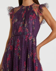Daytime Dresses | Women Mac Duggal Purple Floral Flutter Sleeve Midi Dress Plum Multi