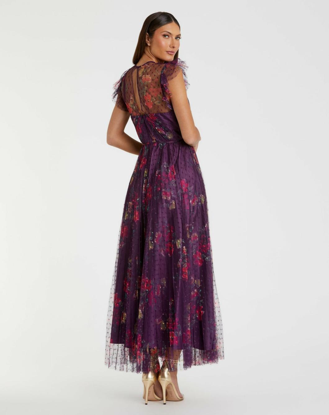 Daytime Dresses | Women Mac Duggal Purple Floral Flutter Sleeve Midi Dress Plum Multi