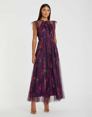 Daytime Dresses | Women Mac Duggal Purple Floral Flutter Sleeve Midi Dress Plum Multi